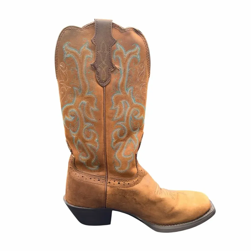 Justin Leather Western Boots Tan Turquoise Stitch Women 7B